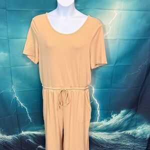 Short-Sleeve Drawstring Jumpsuit — Peachy Beige